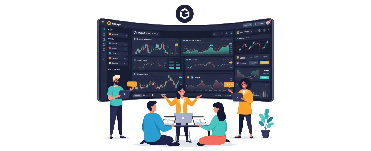 Illustration of four people analyzing crypto charts, representing how to buy bitcoin on Coinmama.