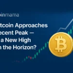 Bitcoin near recent high, gold Bitcoin symbol, upward chart; "Coinmama" branding suggests buy Bitcoin or crypto.